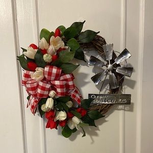 Handmade Red and white tulip welcome wreath